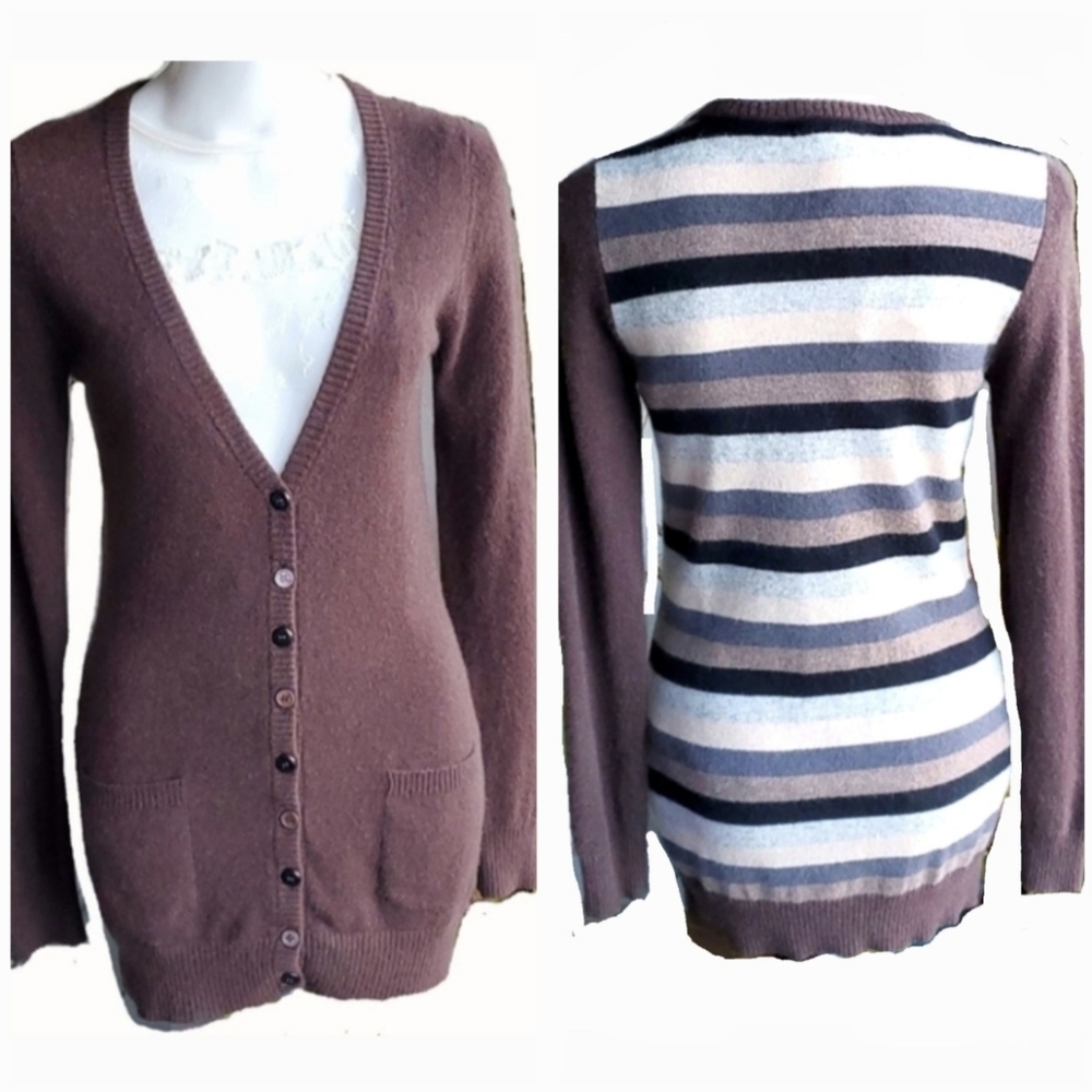 Chelsea & Theodore Brown Cashmere Stripes Long Cardigan Buttons Detail Sz Small